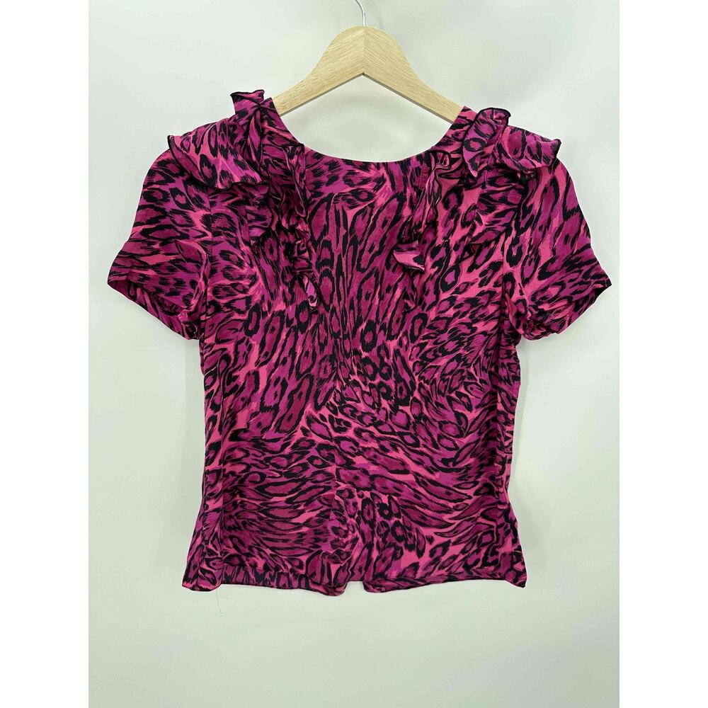 Juicy Couture Pink Animal Print Short Sleeve Silk Blouse Women Size 2